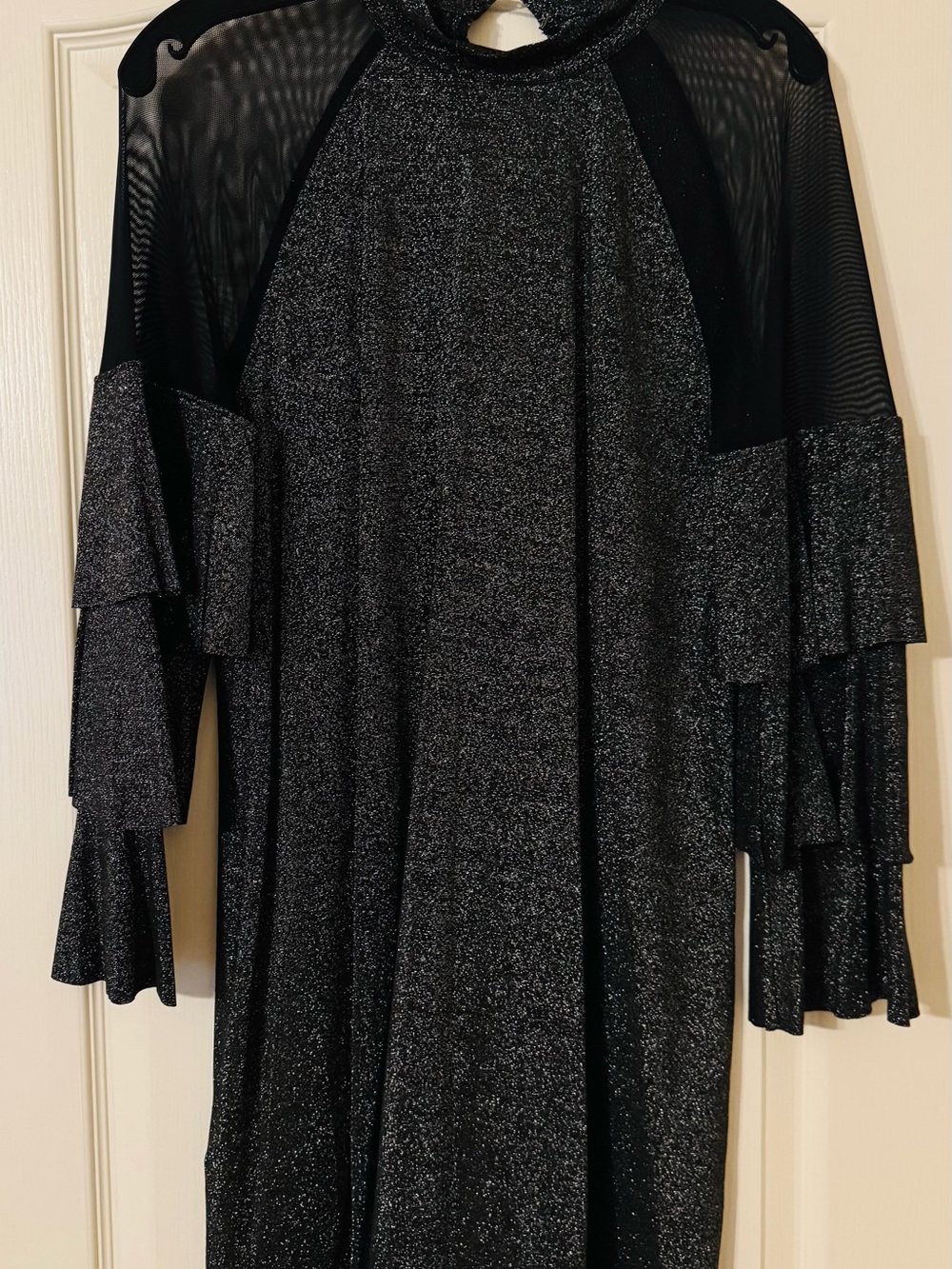 BCBGeneration Black and Mesh Metallic Long-Sleeve Ruffle Dress